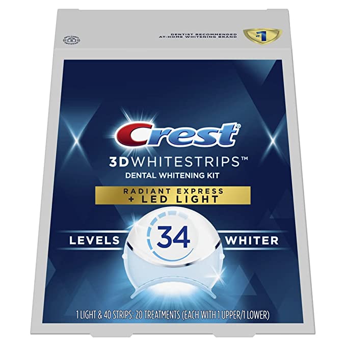 Crest 3DWhitestrips Radiant Express   LED Light at-Home Teeth Whitening Kit, 20 Treatments, 34 Levels Whiter