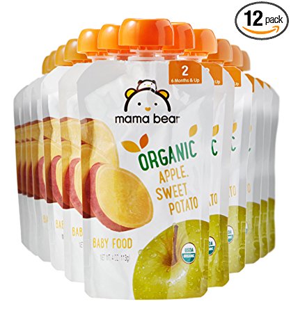 Amazon Brand - Mama Bear Organic Baby Food Pouch, Stage 2, Apple Sweet Potato, 4 Ounce Pouch (Pack of 12)