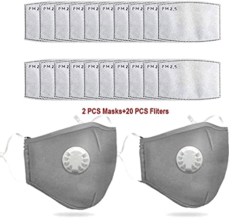 Reusable Face Bandanas, with Breathing valve for Adults, Anti Haze Dust Face Health Protection (2pcs 20pcs Pad, Gray)