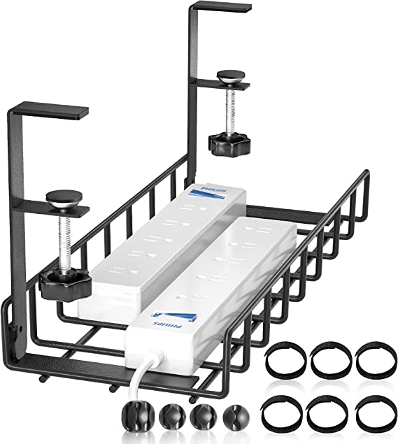 Under Desk Cable Management Tray , Xpatee Upgraded Wire Management No Drill No Screws, Cable Tray with Clamp for Desk Wire Management, Computer Cable Rack for Office, Home - No Damage to Desk Black