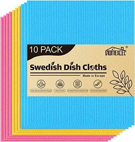 HOMEXCEL 10 Pack Swedish Dish Clothes,Reusable Sponge Cloth, for Kitchen, Counters & Washing Dishes, Highly Abosrbent,3 Colors Assorted