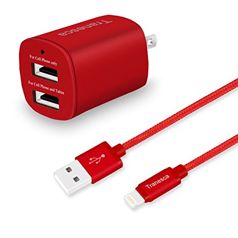 Tranesca 24W Dual Port USB wall charger with 6ft MFI lightning cable for iPhone 7/iPhone 6s/iPhone 6/iPhone 5s,iPad Air/iPad Pro;Samsung Galaxy Note Series and other Android and iOS devices (Red)