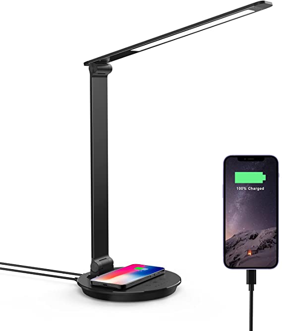 Vansuny LED Desk Lamp with Wireless Charger USB Charging Port Touch Control Dimmable Office Lamp 1h Timer 5 Color Modes 6 Brightness Levels Eye-Caring Table Lamp for Home Office Bedroom Black