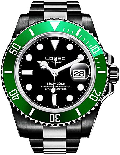LOREO Mens Full Black Stainless Steel Sapphire Glass Rotating Bezel Military Waterpoof Mens Automatic Watch