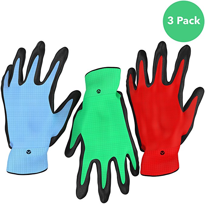 Vremi Heavy Duty Gardening Gloves for Men and Women - 3 Pack Large Size Bamboo Nitrile Coated Thorn Proof Indoor and Outdoor Garden Gloves for Vegetable Roses or Flower Gardens - Blue Green and Red