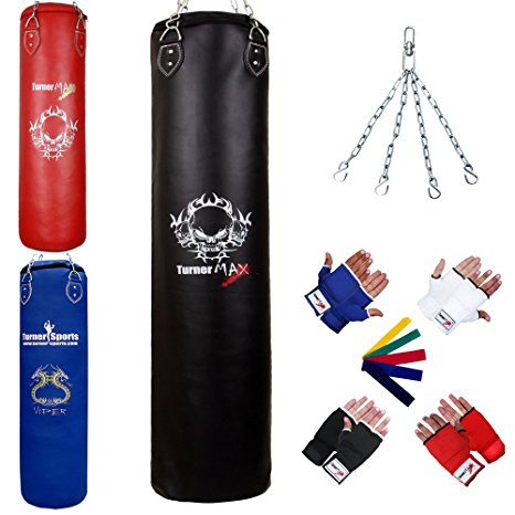 TurnerMAX Traditional Heavy Punching Bags Kickboxing Boxing MMA Muay Thai Home Gym Training Beginners Artificial Leather Inner Gloves Swivel Chain 50-80 lbs. 2ft 3ft 4ft 5ft – Red Blue Black
