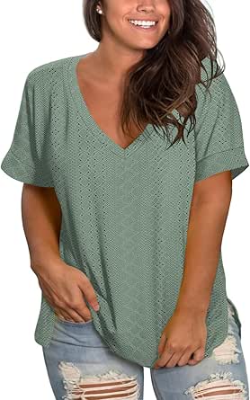 Plus-Size Tops for Women Short Sleeve Eyelet Shirts V Neck Side Split Tunics XL-5XL