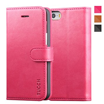 iPhone SE Case, iPhone 5S Case, TUCCH® Magnetic Flap Card Holders Money Pouch, Retro Leather Wallet Case Purse Protective Cover Stand Function Flip Folio Book Case for iPhone 5s / 5 / SE - Hot Pink / Grey