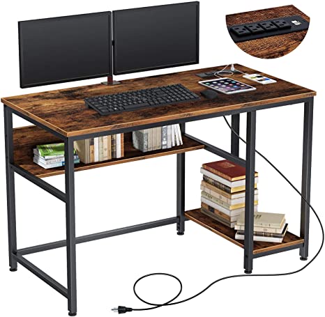 Rolanstar Computer Desk 47", Home Office Writing Study Desk with Power Outlets, Rustic Style Workstation Table with Storage Shelves,Stable Metal Frame, Rustic Brown