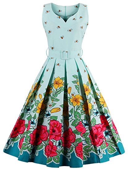 Babyonline Floral Vintage Women Dresses Half Sleeve 1950s Rockabilly Party Gown