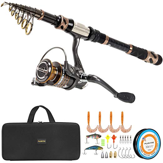 PLUSINNO Fishing Rod and Reel Combos - Carbon Fiber Telescopic Fishing Pole - Spinning Reel 12  1 Shielded Bearings Stainless Steel BB