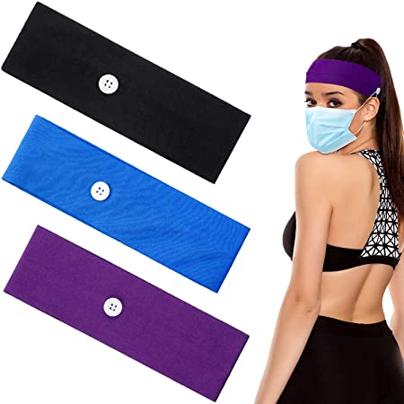 3 Pieces Cotton Button Headband Ear Protection Holder Yoga Hairband Headwrap for Face Cover, Multifunctional Hair Band for Nurse Doctor (Black, Deep Purple, Royal Blue)