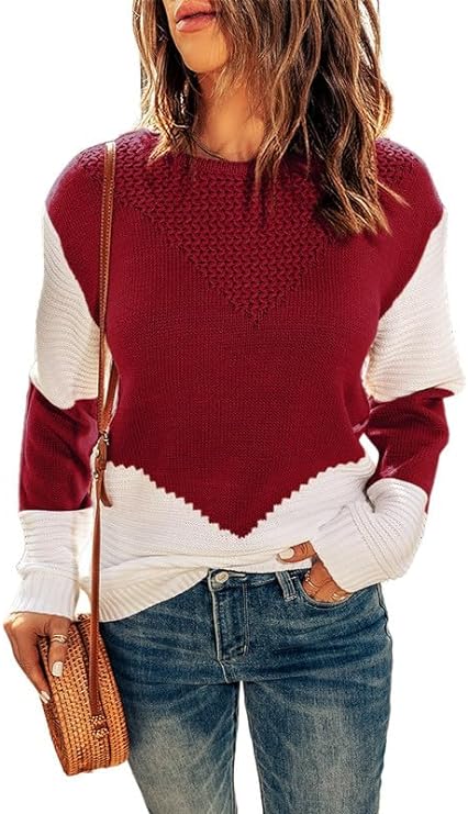 Dokotoo Womens Crochet Crewneck Long Sleeve Pullovers Color Block Tunic Ribbed Sweaters Jumper Tops