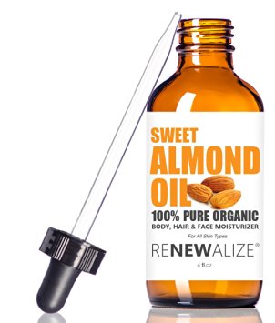 Organic SWEET ALMOND OIL by Renewalize in LARGE 4 OZ. DARK GLASS BOTTLE with Glass Eye Dropper | Highest Quality 100% Pure , Unrefined Cold Pressed Oil | Non-GMO | One of the Most Popular Oils Among Massage Therapists | Softens Dry Skin | An Excellent Carrier Oil for Mixture with Essential Oils | Guaranteed Improvement