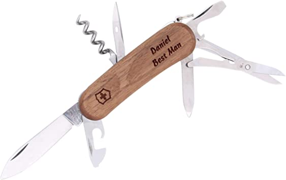 Victorinox Swiss Army Evowood14 Pocket Knife Multitool with Laser Engraved Personalized Walnut Handle, Gifts for Men, Him, Groomsmen Set, 5th Anniversary, Christmas