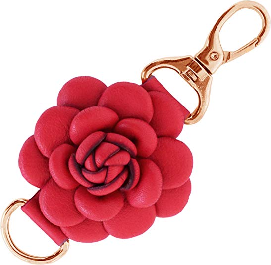 Ella Bonna Genuine Leather Handmade Rose Charm, Pom Pom Keychain, Keyring for Tassel Bags Purse Backpack