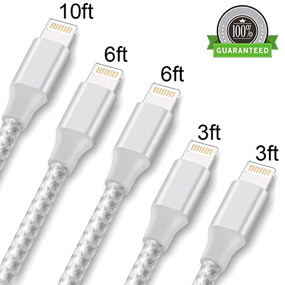 ONSON Phone Cable 5Pack 2×3FT 2×6FT 10FT Nylon Braided Charger Cable USB Cord Charging Charger Compatible iPhone 8, X, 7, 7 Plus, 6, 6s, 6 Plus, 5s, 5c, 5, SE, iPad, iPod Nano-Sliver