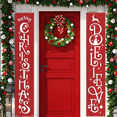 2 Pieces Christmas Porch Signs Merry Christmas Hanging Banners Christmas Wall Banners for Holiday Home Indoor Outdoor Porch Wall Christmas Decoration (Red)