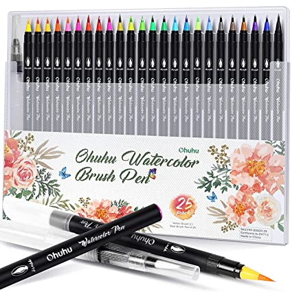 Ohuhu Watercolor Brush Markers Pen Set of 24, Water Based Drawing Marker Brushes W/ A Water Coloring Brush, Water Soluble for Adult Coloring Books Comic Calligraphy Valentine's Day Back To School Gift