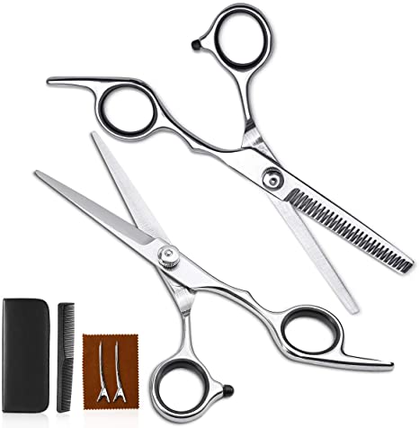 Scissors for Hair Cutting Set, Liaboe 6 Pcs Professional Hairdressing Shears Kit, with Hair Cutting Scissors, Thinning Shears, Hair Comb, Clips, Cleaning Cloth, Leather Bag, for Home/Salon (Sliver)