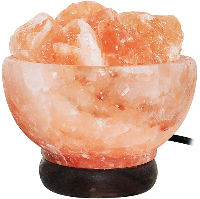 Greenco Hand Crafted Natural Himalayan Fire Bowl Salt Lamp on Wooden Base with Electric Wire, Dimmer Control & Bulb.