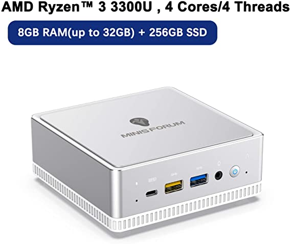 UM300 Mini PC AMD Ryzen 3 3300U Windows 10 Mini Computer, Upgradeable 8GB RAM 256GB SSD, HDMI/Mini DP/USB-C 4K@60Hz Output, 2X Ethernet Port, Support Chromium & Linux OS, PXE Boot and WOL