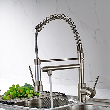 FLG Modern Commercial Spring Single Handle Kitchen Sink Faucet with Pull Down Sprayer, Brushed Nickel