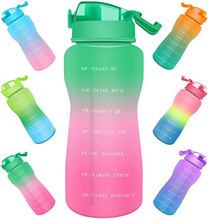 64 oz Large Motivational Water Bottle with Time Marker&Straw,Half Gallon Leakproof Water Jug for Sports Fitness Non-Toxic Wide Mouth Design Durable Tritan Material BPA Free (Green and pink)