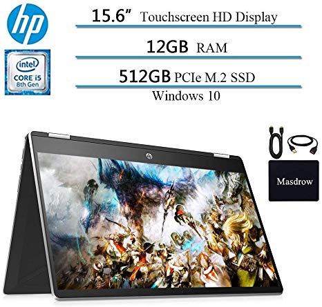 2019HP Flagship 2in1 15.6" HD Convertible Touchscreen Laptop, Intel i5-8265U, 12GB RAM, 512GB PCIe M.2 SSD, 2 Year Warranty Care Pack with Accidental Damage Protection, Windows 10 Home W/Accessories