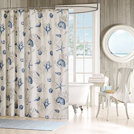 Madison Park Bayside Blue Seashells Fabric Shower Curtain