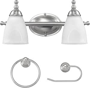 Globe Electric 63000104 3-Piece Bath Accessories, Satin Nickel Finish, 15" 2-Light Vanity Light, Alabaster Glass Shades, Toilet Paper Holder, Towel Ring, Bathroom Décor, Home Essentials