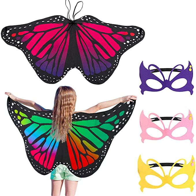 FANTESI 2 Pcs Kids Butterfly Wings, Fairy Butterfly Cape Wings Costume Butterfly Shawl Pixie Poncho Costume for Boys Girls Dress Up Princess Pretend Play Party Favors