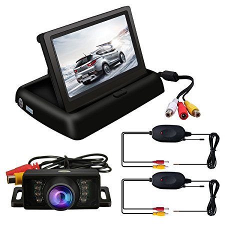 TVIRD Backup Camera And Monitor Wireless Car Rear View System Night Vision IR Reversing Rear View Camera  Foldable 4.3'' Color HD LCD Monitor Parking Kit For Truck Van Caravan Trailers Camper