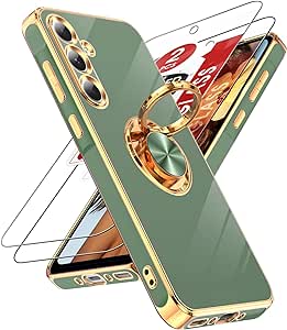 LeYi for A35 5G Case: with Tempered Glass Screen Protector [2 Pack] 360° Rotatable Ring Holder Magnetic Kickstand, Plating Rose Gold Edge Samsung A35 5G Case, L-Green