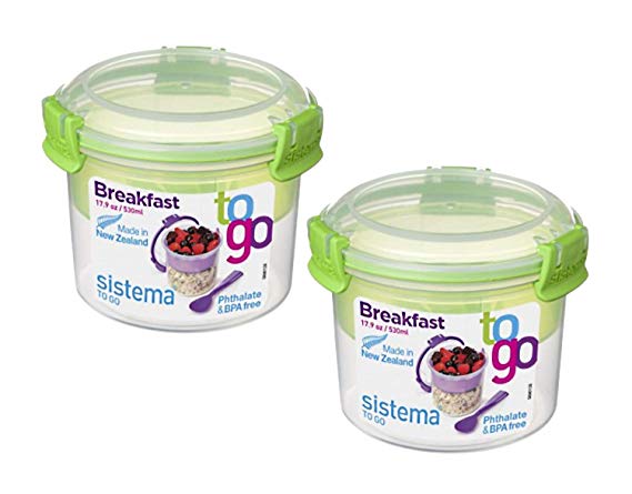 Sistema Breakfast To Go Reusable Food Containers for Kids & Adults w/Removable Tray & Spoon– Great for Work, Home, School, Meal Prep, Portion Control – Phthalate & BPA Free-17.9oz, Green (2 Pack)