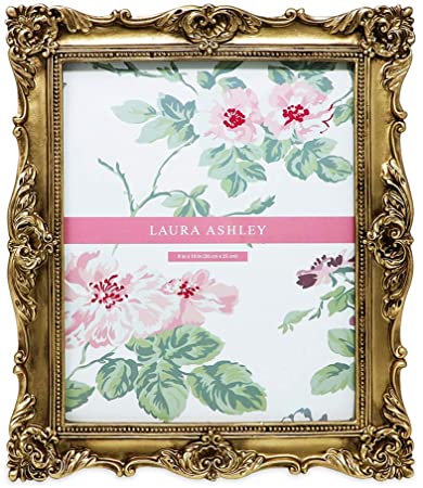 Laura Ashley 8x10 Gold Ornate Textured Hand-Crafted Resin Picture Frame with Easel & Hook for Tabletop & Wall Display, Decorative Floral Design Home Decor, Photo Gallery, Art, More (8x10, Gold)