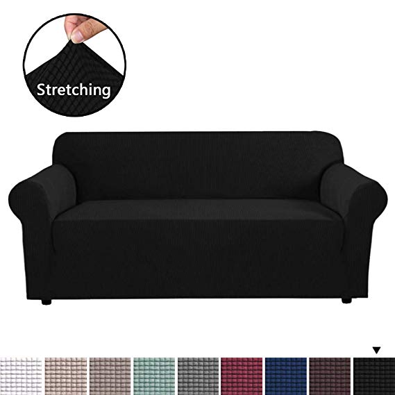 H.VERSAILTEX High Stretch Sofa Cover 1 Piece Couch Shield Machine Washable Stylish Furniture Cover/Protector with Spandex Jacquard Checked Pattern Fabric (Sofa, Black)