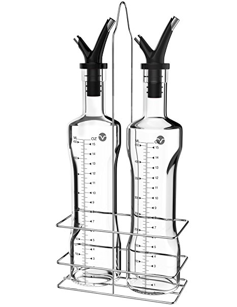 Vremi 17 oz Olive Oil and Vinegar Dispenser Set - Glass Cruet Bottles for Salad Dressing and Cooking - No Drip Double Pourer Spout Stainless Steel Caddy Rack - Kitchen Dispensing Cruets Black Stoppers