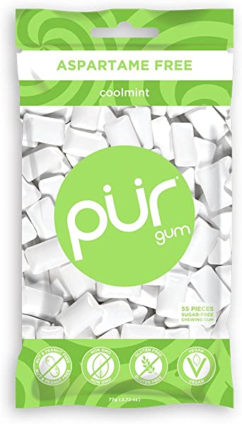 PUR 100% Xylitol Chewing Gum, Sugarless Coolmint, Sugar Free + Aspartame Free, Vegan & Keto Friendly - Teeth Whitening & Relieves Dry Mouth – Pure Natural Flavoured Candy, 55 Count (Pack of 1)