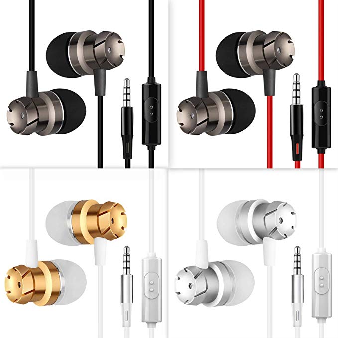 homEdge Wholesale 4 Packs in-Ear Earphone with Mic and Remote Control, 3.5mm Wired Tangle Free Earbuds Headset Headphone for Smartphone, Desktop, Laptop, MP3, Walkman (Black White Red Golden)