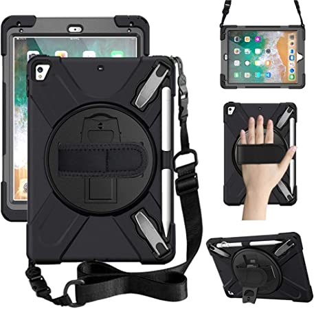 ZenRich iPad 9.7 inch Case zenrich iPad 9.7 2017/2018 Case iPad Air 2 Case 2017 iPad Pro 9.7 Case 2016 with Kickstand Hand Strap and Shoulder Strap-Black