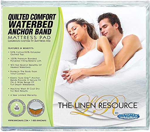 INNOMAX The Linen Resource Quilted Comfort Waterbed Anchor Band Custom Fit Mattress Pad Protective Cover Queen