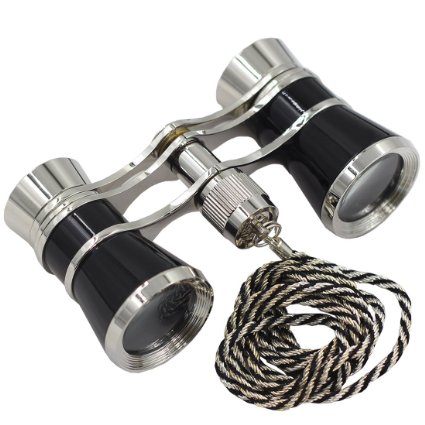 OPO Opera Theater Horse Racing Glasses Binocular Telescope Chain Necklace (Black with Silver Trim) 3X25