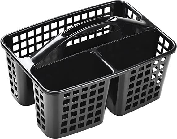 ALINK Plastic Shower Caddy Basket with Compartments, Portable Divided Cleaning Supply Storage Organizer with Handle for College Dorm Bathroom - Black