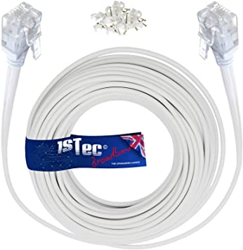 1STec 20M ADSL2  Super High Speed Cat5e RJ11 Broadband Hub Internet Extension Cable for BT Infinity Sky Q Talktalk Plusnet EE Vodafone Post Office Router on Fibre or Standard Services 20 Metre White