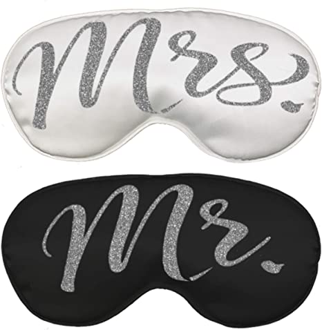 Bride & Groom Sleep Mask Gifts - Set of 2 Luxury Satin Wedding Sleep Masks (1) Mrs. White Mask & (1) Mr. Black Mask - Couples Engagement Gifts Mask(Mrs.Wht/MrBlk)