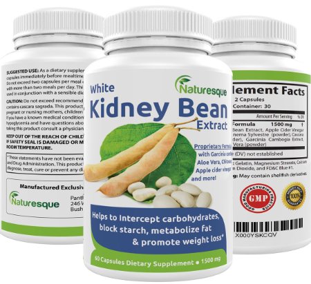 White Kidney Bean Extract Effective Carb Blocker Premium Formula for Weight Loss 1500mg Blocks starch, carbs & metabolizes fat 60 capsules