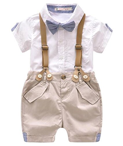 FAYALEQ Baby Boys Cotton Gentleman Bowtie Short Sleeve Shirt Overalls Shorts Outfits Set