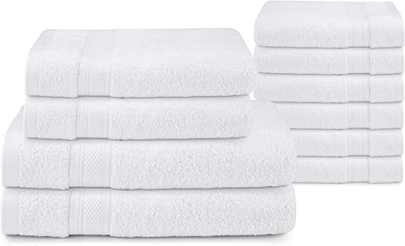 Bath Towels Set - 100% Cotton - 2 Bath Towels, 2 Hand Towels & 6 Washcloths - Ultra Soft, Quick Dry, Absorbent & Large Towel Set for Home, Spa, Hotel, Pool, and Shower (10 Piece Towel Set, White)