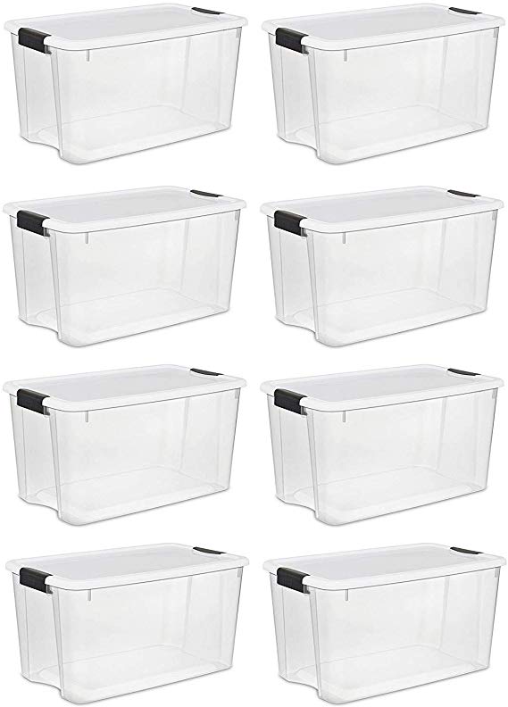 Sterilite 70 Quart Ultra Latch Storage Box with White Lid & Clear Base (8 Pack)